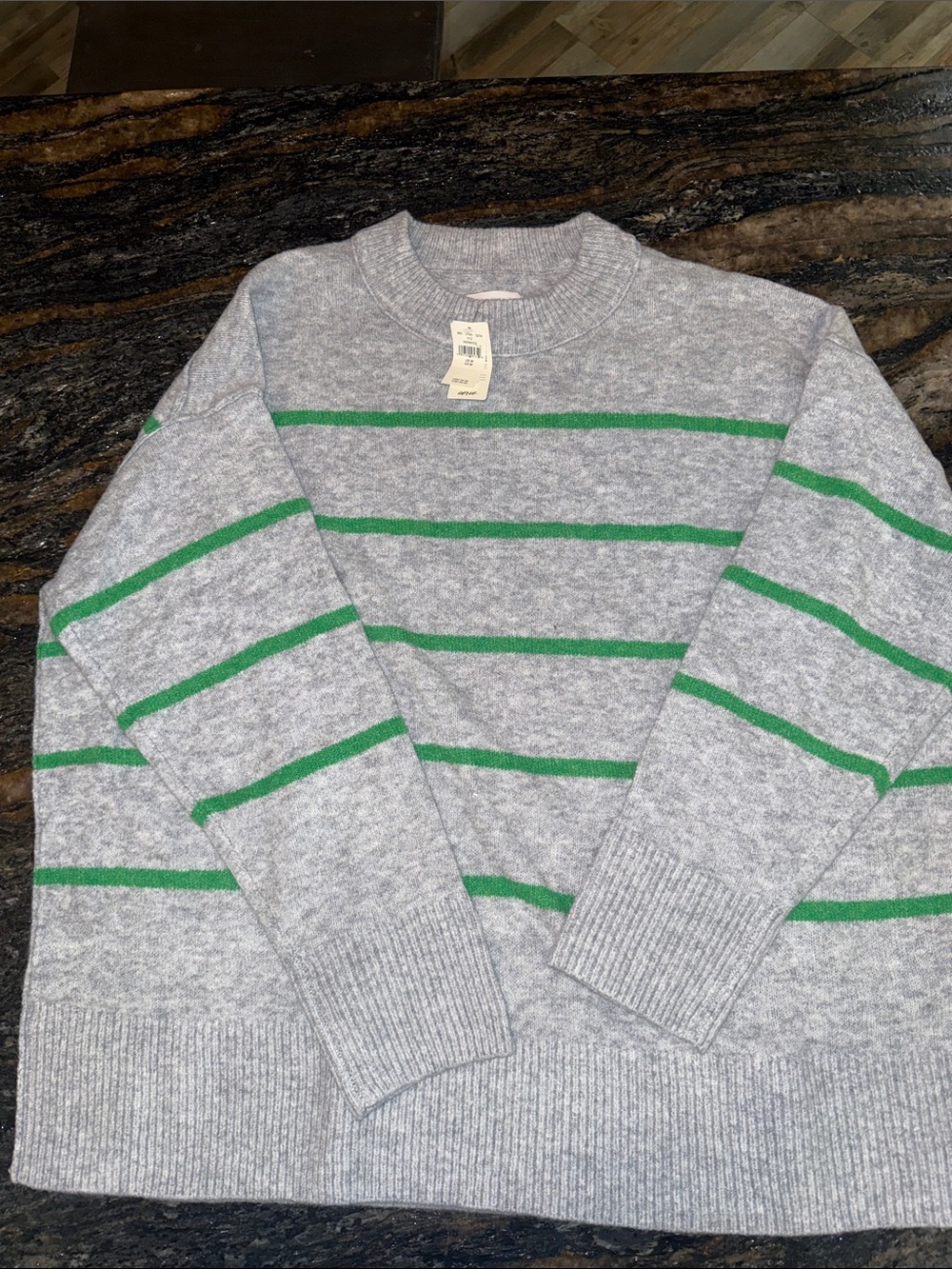 aerie Gray Crewneck Sweater with Green Stripes